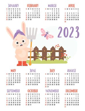 Calendar 2023 with cute rabbit farmer with rake, fence and butterfly. Bunny is symbol of 2023 to eastern horoscope. Vector illustration. Vertical template 12 months in English. Week starts on Sunday.