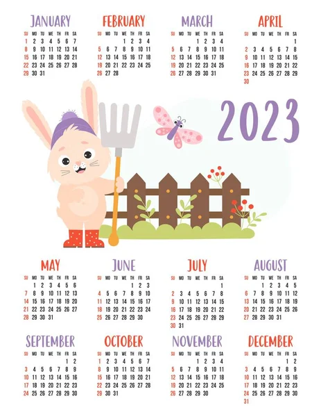Calendar 2023 with cute rabbit farmer with rake, fence and butterfly. Bunny is symbol of 2023 to eastern horoscope. Vector illustration. Vertical template 12 months in English. Week starts on Sunday.