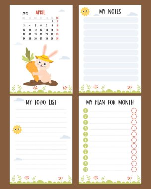 April 2023. Farm calendar for month with cute rabbit gardener and carrots in garden bed. Vector set of vertical page a4 templates planner, to-do list, my plan and notes. Week from Monday, in English