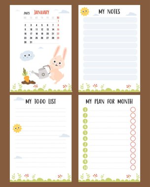 January 2023. Farm calendar for month with cute rabbit watering carrots in garden bed. Vector set of vertical page a4 templates planner, to-do list, my plan and notes. Week from Monday, in English