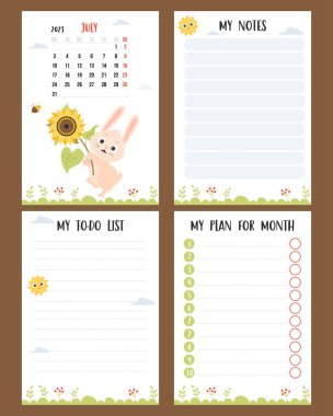 July 2023. Farm calendar planner for summer month with cute rabbit with sunflower and bee. Vector set of vertical page a4 templates to-do list, my plan and notes. Week from Monday, in English