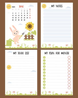 June 2023. Farm calendar for month with cute bunny watering sunflower. Vector set of vertical a4 page, templates planner, to-do list, my plan and notes. Week from Monday, in English. year of rabbit