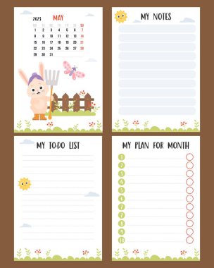 Farm calendar for May 2023 with cute rabbit gardener with pitchfork, wooden fence and butterfly. Vector set. Vertical a4 template planner, to-do list, my plan and notes. Week from Monday, in English