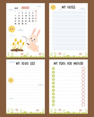 August 2023. Farm calendar planner with cute rabbit with sickle and spikelets, harvesting. Vector set of vertical page a4 templates to-do list, my plan and notes. Week from Monday, in English