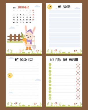 September 2023. Monthly calendar planner with cute rabbit farmer with shovel and carrots, harvesting. Vector set vertical page a4 templates to-do list, my plan and notes. Week from Monday, in English