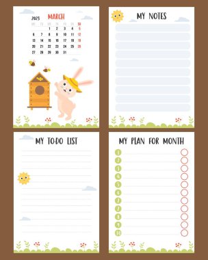 March 2023. Calendar with cute bunny beekeeper in apiary with bees. Vector set vertical page a4 templates planner, to-do list, my plan and notes. Week from Monday, in English. Chinese year of rabbit
