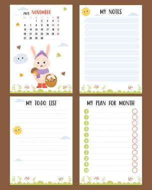november 2023. Calendar planner with cute rabbit mushroom picker with wicker basket and autumn leaves. Vector set vertical a4 templates to-do list, my plan and notes. Week from Monday, in English
