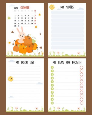 October 2023. Monthly calendar planner with cute bunny gardener on big pile of pumpkin, harvesting. Vector set vertical page a4 templates to-do list, my plan and notes. Week from Monday, in English
