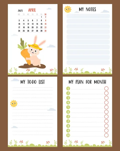 April 2023 Farm Calendar Month Cute Rabbit Gardener Carrots Garden — Stock Vector