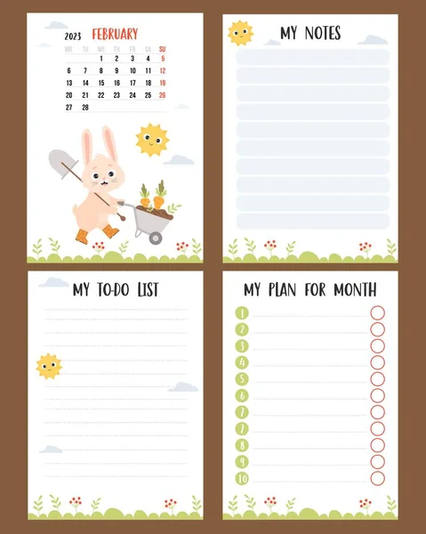 February 2023 Farm Calendar Month Cute Bunny Farmer Garden Wheelbarrow — Stockvektor