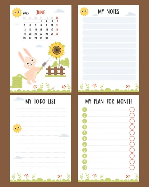 June 2023 Farm Calendar Month Cute Bunny Watering Sunflower Vector — Stockvektor