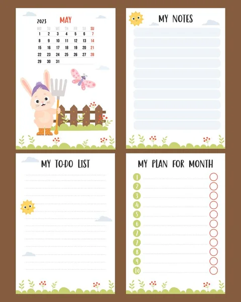 Farm Calendar May 2023 Cute Rabbit Gardener Pitchfork Wooden Fence — Image vectorielle