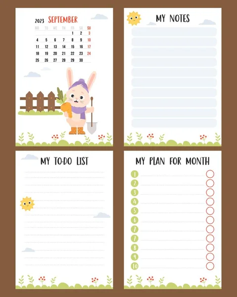 September 2023 Monthly Calendar Planner Cute Rabbit Farmer Shovel Carrots — Stockvektor