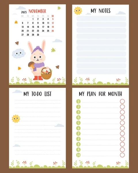 November 2023 Calendar Planner Cute Rabbit Mushroom Picker Wicker Basket — Vector de stoc