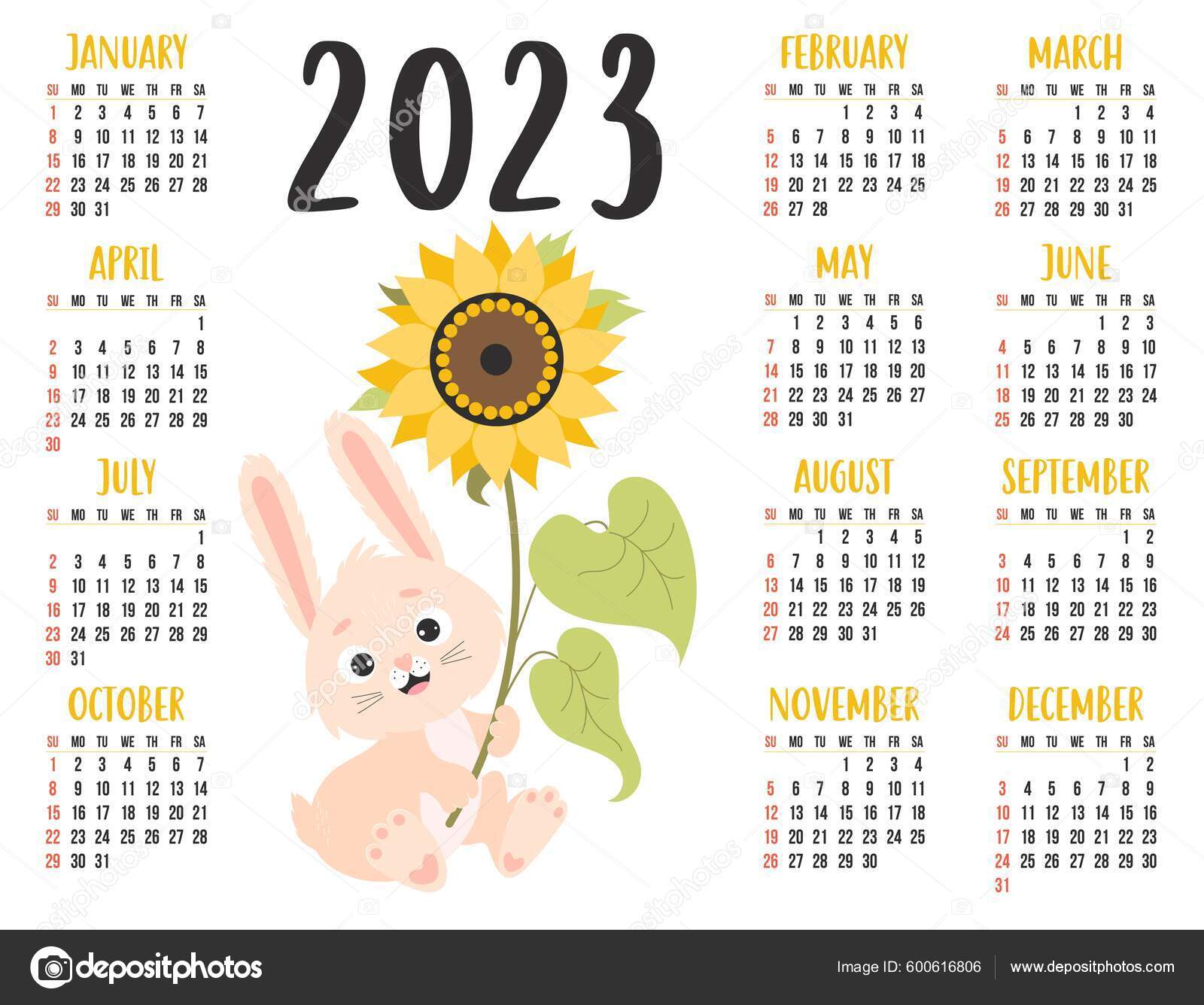 Calendario para el año 2023, año del conejo del horóscopo chino,  planificación