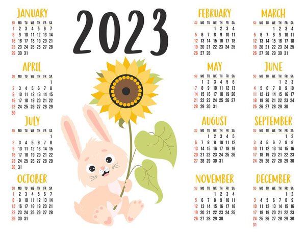 Horizontal calendar for 2023 with rabbit symbol of year to eastern horoscope. Cute bunny with sunflower. Vector illustration. Template for 12 months in English. Week from Sunday. 2023 Year of Rabbit