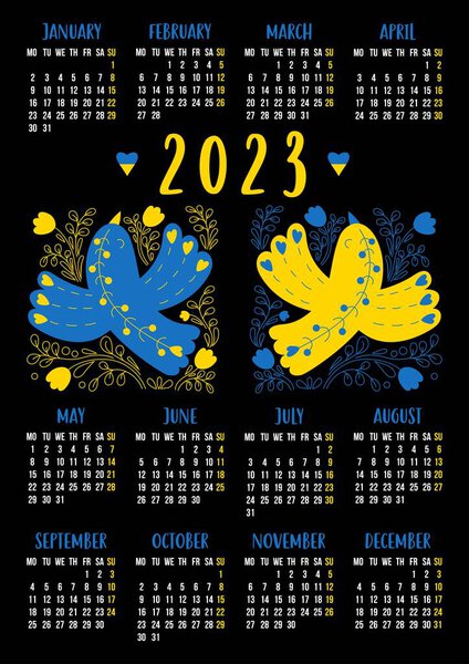 Calendar 2023 with pair of decorative yellow blue birds with floral decoration on black background. Vector illustration. Vertical template for 12 months in English. Week from Monday. Stationery
