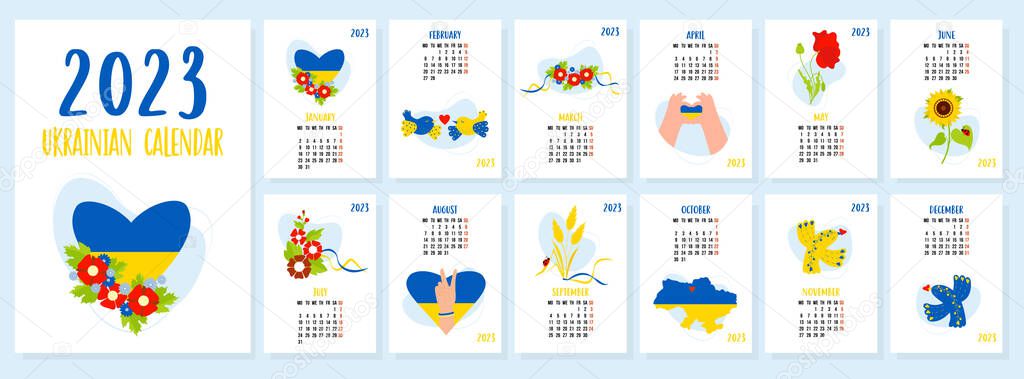 Calendar template 2023 with Ukrainian symbols, flowers, birds and yellow blue flag and map of Ukraine. Vertical set of 12 pages and cover in English. Vector illustration. Week from Monday. Stationery.