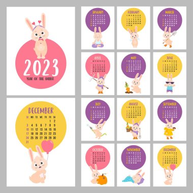 Cute rabbit printable calendar 2023. Vector Vertical bright planner organizer. Covers and 12 month pages English. Week from Sunday. Bunny character mascot symbol 2023 year