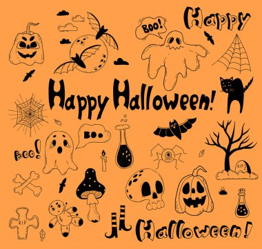 Clipart Happy Halloween. Jack pumpkin, ghost, bat and moon, black cat and web, grave, skull, voodoo doll and potion. Vector linear hand drawn doodle. Isolated elements for decor, design, decoration