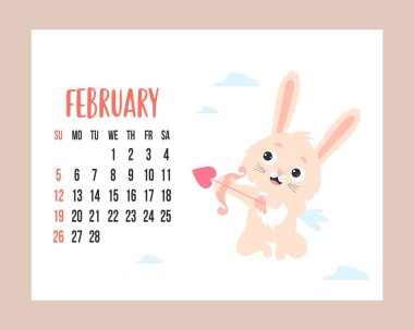 February 2023 calendar. Cute bunny Winged cupid shoots an arrow with heart on white background with clouds. Vector illustration. Horizontal Template. Week from sunday. In English. Rabbit symbol year