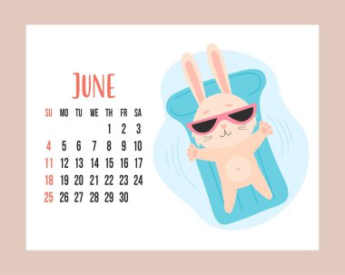 June 2023 planner calendar. Cute bunny in sunglasses floats on rubber waterproof mattress. Vector illustration. horizontal Template. Week from Sunday In English. rabbit is symbol year