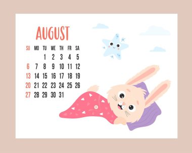 August 2023 planner calendar. Cute night rabbit in pajamas lies on pillow on white background with star with clouds. Vector illustration. horizontal Template. Week from Sunday In English