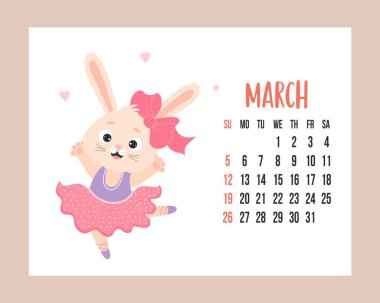 March 2023 calendar. Cute bunny girl ballerina in dress dances on pointe shoes. rabbit is symbol 2023 year to Chinese zodiac. Vector illustration. horizontal Template. Week from sunday In English