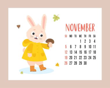 November 2023 calendar. Cute bunny in raincoat and rubber boots with mushroom on white background with autumn leaves. Vector illustration. horizontal Template. Week from Sunday In English