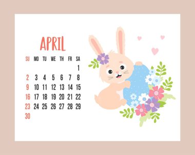 April 2023 calendar. Cute easter bunny with easter egg and flowers. Vector illustration. horizontal Template. Week from Sunday In English. rabbit is symbol 2023 year
