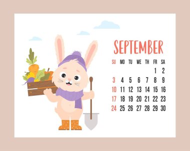 September 2023 calendar. Cute bunny farmer in knitted clothes and rubber boots with shovel and harvest of vegetables in wooden box. Vector illustration. horizontal Template. Week from Sunday. English