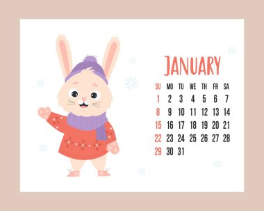 January 2023 calendar. Cute winter bunny in knitted clothes on white background with snowflakes. Vector illustration. horizontal Template. Week from sunday In English. rabbit is symbol year