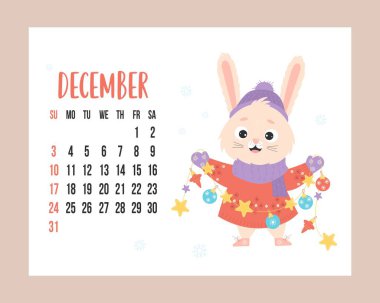 December 2023 calendar. Cute bunny in knitted clothes with garland and christmas balls on white background with snowflakes. Vector horizontal Template. Week from Sunday In English. rabbit symbol year