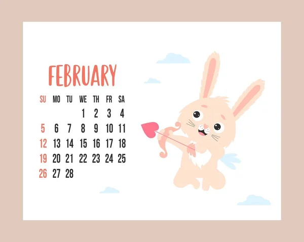 Φεβρουάριος 2023 Ημερολόγιο Χαριτωμένο Λαγουδάκι Φτερωτό Cupid Ρίχνει Ένα Βέλος — Διανυσματικό Αρχείο