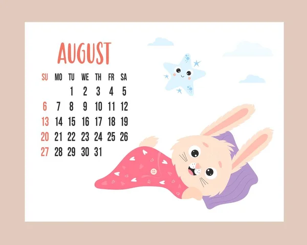 August 2023 Planner Calendar Cute Night Rabbit Pajamas Lies Pillow — Stock Vector