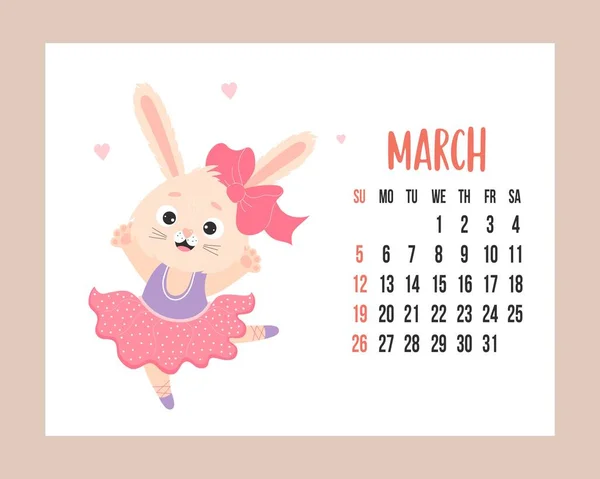 March 2023 calendar. Cute bunny girl ballerina in dress dances on pointe shoes. rabbit is symbol 2023 year to Chinese zodiac. Vector illustration. horizontal Template. Week from sunday In English