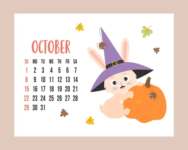 October 2023 calendar. Cute bunny Halloween wearing witch hat with spider and orange pumpkin. Vector illustration. horizontal Template. Week from Sunday In English