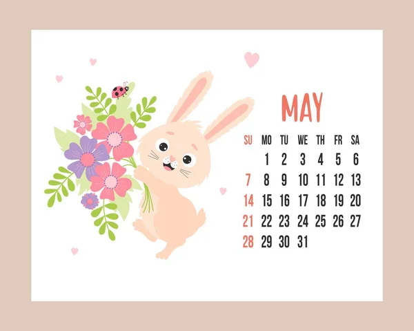 May 2023 calendar planner. Cute bunny with bouquet of flowers and ladybug. Vector illustration. Horizontal Template. Week from sunday In English. 2023 year rabbit to Chinese zodiac