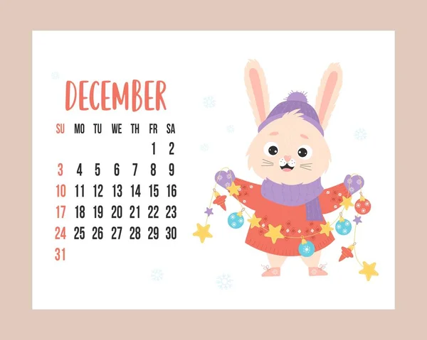 December 2023 Calendar Cute Bunny Knitted Clothes Garland Christmas Balls — 图库矢量图片