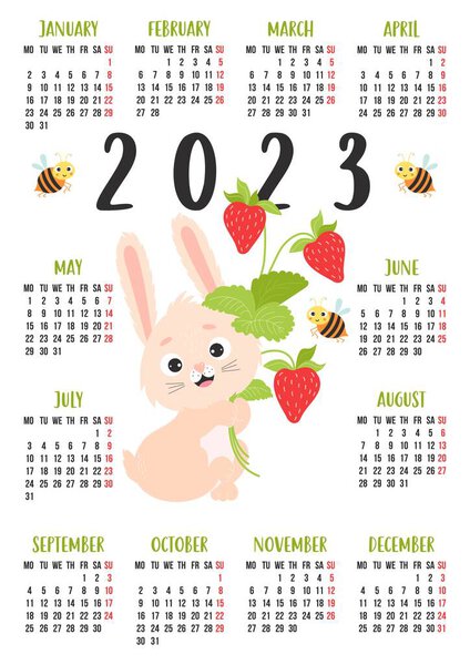 Calendar 2023 with cute rabbit with bouquet of strawberries and funny bees. Bunny is symbol year to eastern horoscope. Vector illustration. Vertical template for12 months. English. Week from Monday