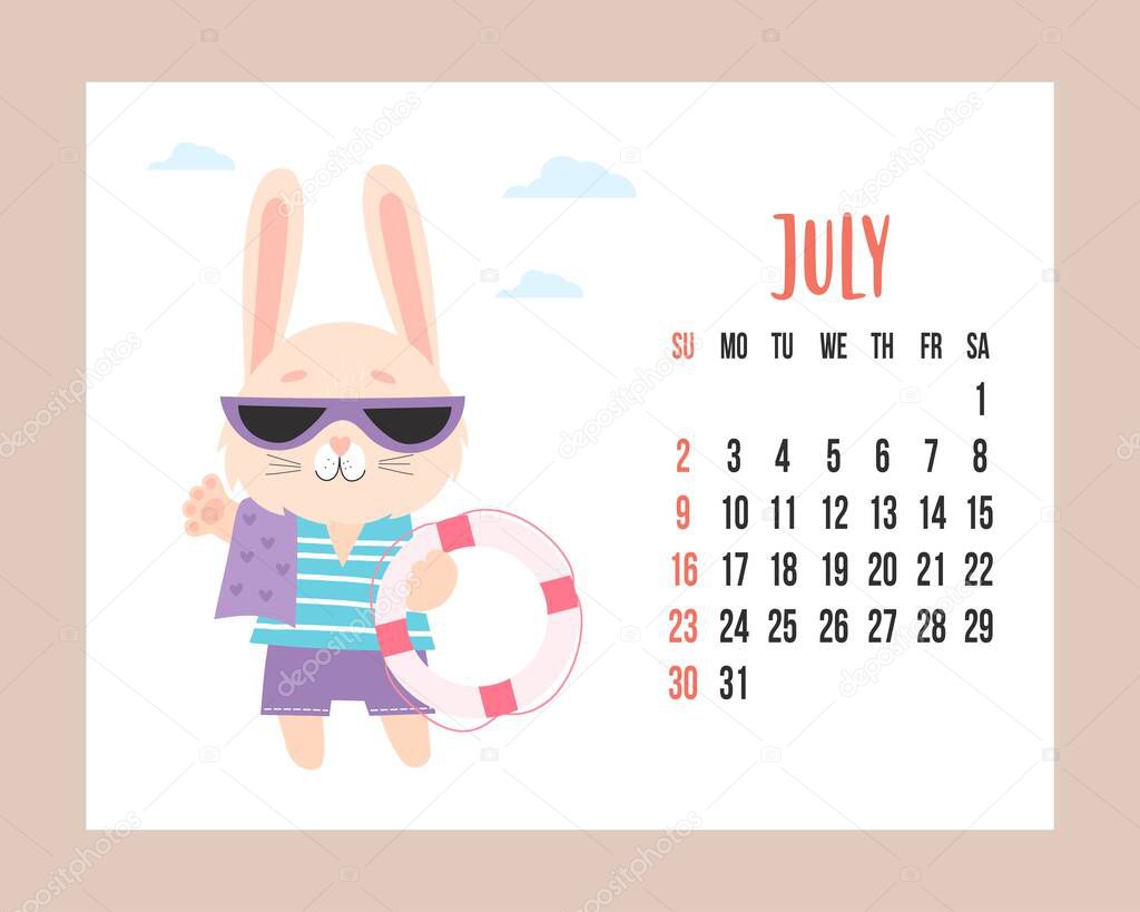 July 2023 planner calendar. Cute bunny in sunglasses and in shorts with beach towel and lifebuoy. Vector illustration. horizontal Template. Week from Sunday In English. rabbit is symbol year