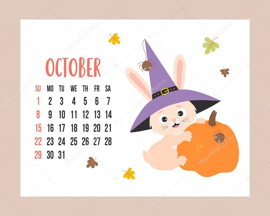 October 2023 calendar. Cute bunny Halloween wearing witch hat with spider and orange pumpkin. Vector illustration. horizontal Template. Week from Sunday In English