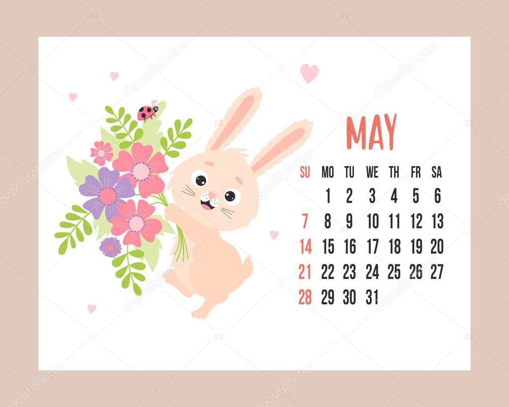 May 2023 calendar planner. Cute bunny with bouquet of flowers and ladybug. Vector illustration. Horizontal Template. Week from sunday In English. 2023 year rabbit to Chinese zodiac