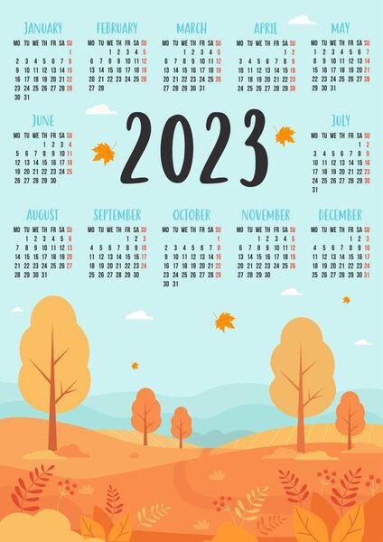Calendar 2023 with beautiful autumn nature landscape, yellow trees with autumn leaves. Vector illustration. Vertical calendar template for 12 months in English. week starts on Monday. Stationery