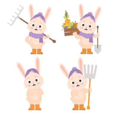 Collection cute cartoon characters of rabbit farmers. Happy bunnies in hat and rubber boots with rake, pitchfork and shovel and vegetable harvest wooden box. Vector illustration