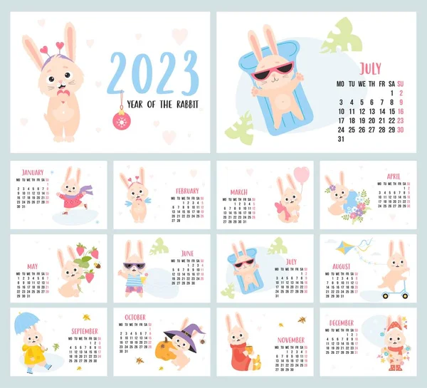 Друкарський Календар 2023 Кроликом Організатор Планування Векторні Обкладинки Місяців Горизонтальні — стоковий вектор