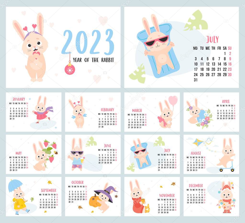 Printable Calendar 2023 with rabbit. planner organizer. Vector covers and 12 month, A4 horizontal pages. Week from Monday in English. hare character mascot symbol year. Cute Easter Bunny, Halloween