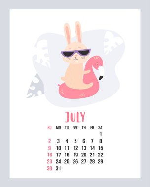 July 2023 calendar. Cute bunny on vacation in sunglasses floats on rubber pink flamingo. Vector illustration. Vertical Template. Week from sunday In English. rabbit is symbol 2023 year