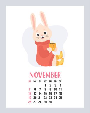 November 2023 calendar. Cute cozy rabbit in sweater and knitted socks with cup of hot tea. Vector illustration. Vertical Template. Week from sunday In English. 2023 year bunny