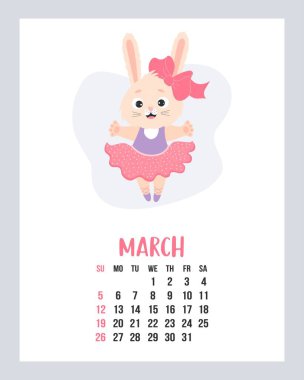 March 2023 calendar. Cute bunny girl ballerina in dress on pointe shoes. rabbit is symbol 2023 year to Chinese zodiac. Vector illustration. Vertical Template. Week from sunday In English